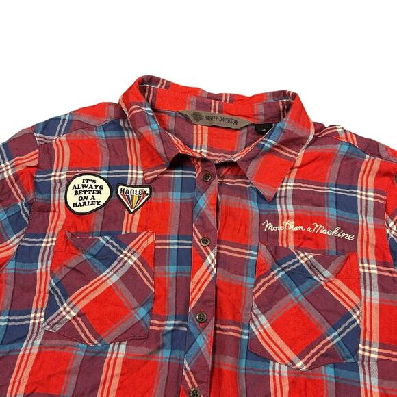 Harley-Davidson Red Plaid Short Sleeve Patch Flannel - Picture 3 of 5